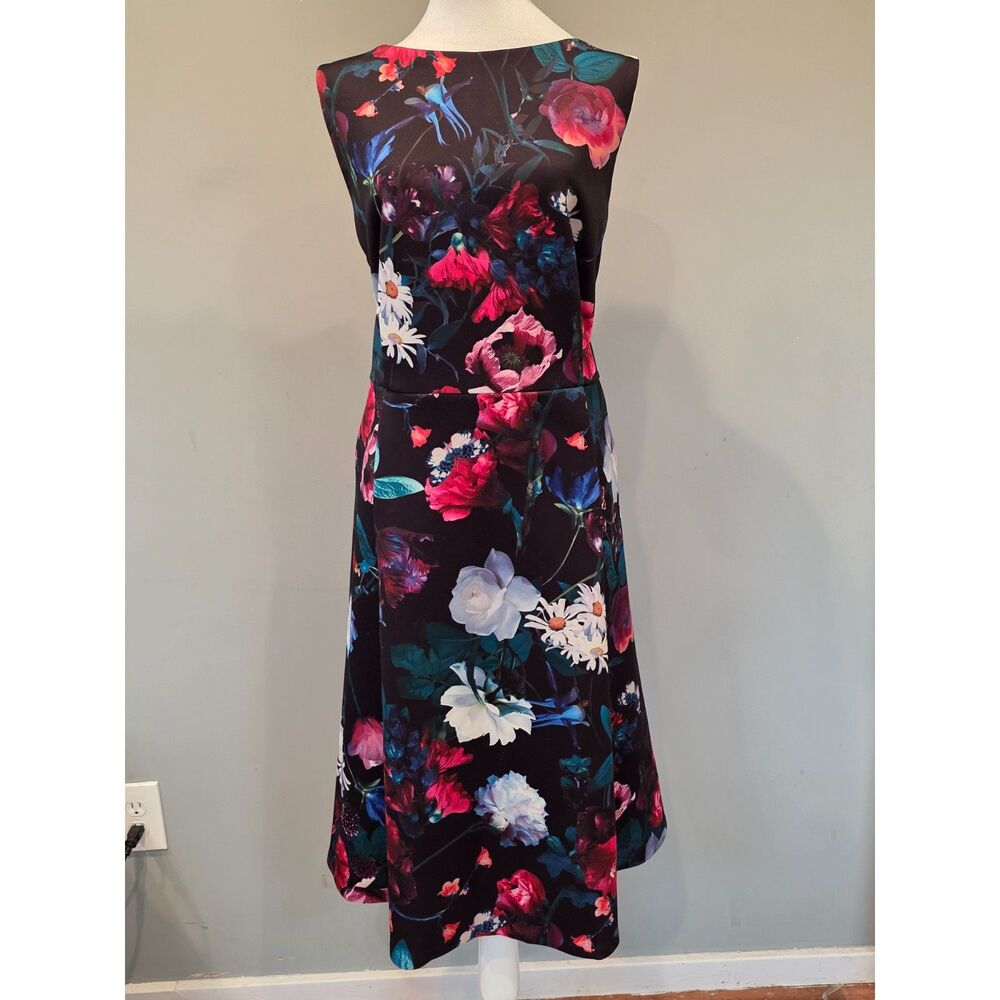 Calvin Klein Plus Size Fit Flare Dress. 16W Black Floral Wedding Guest Cocktail